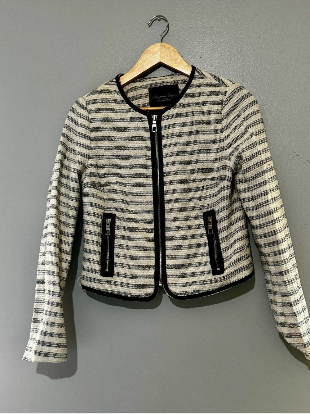 American Eagle Tweed Preppy Black and White Striped Zip-Front Blazer Jacket - Picture 2 of 5